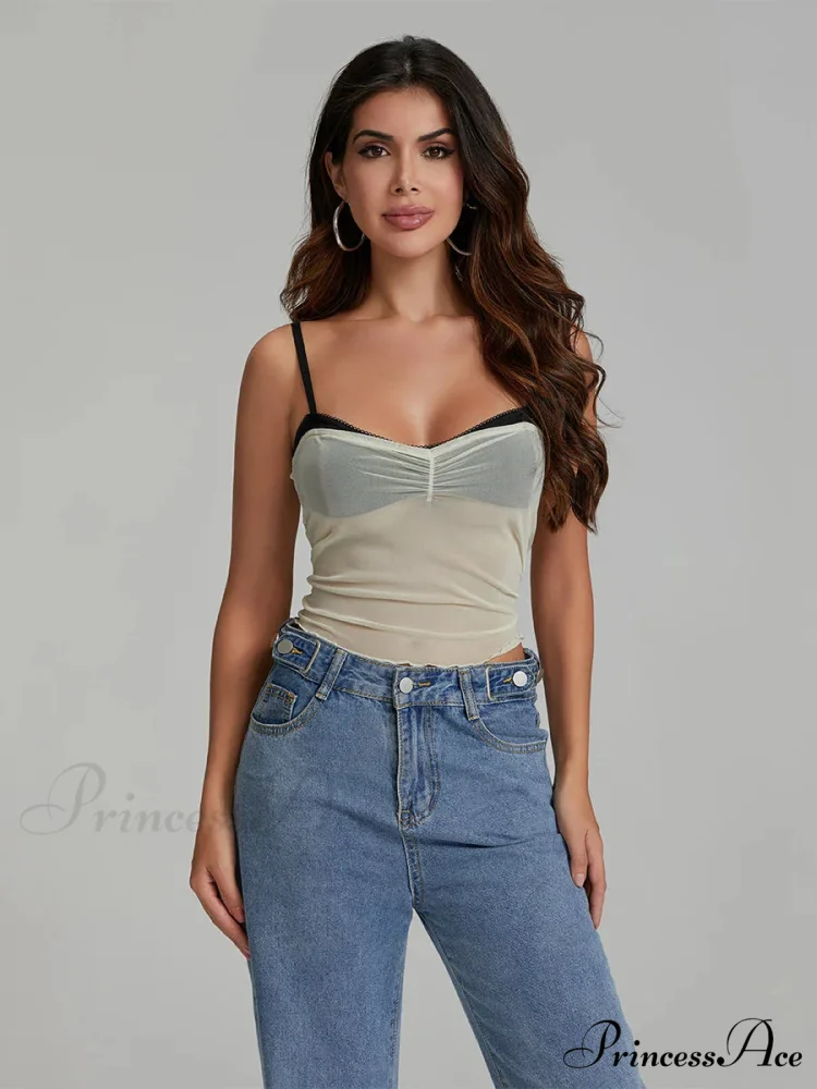 Net Gathered Hue Patch Spaghetti Strap Crop Top - Image 8
