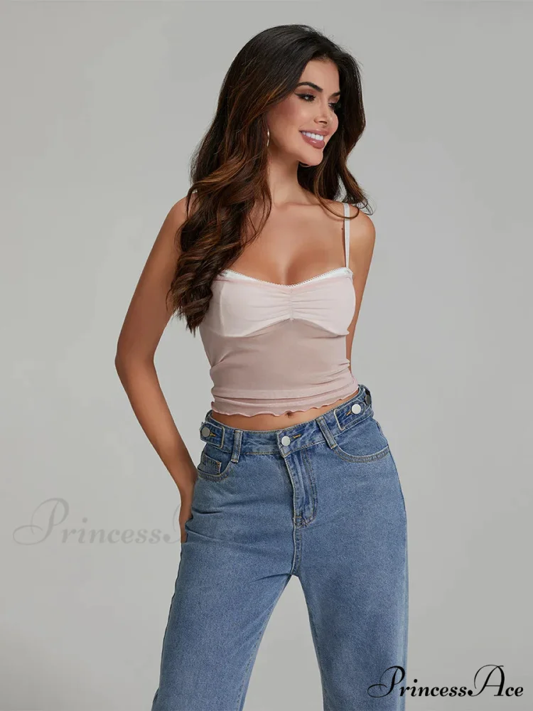 Net Gathered Hue Patch Spaghetti Strap Crop Top - Image 9