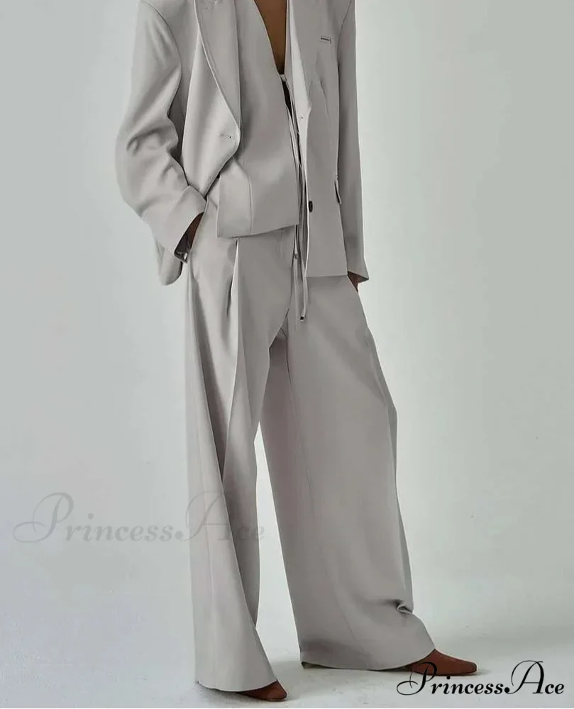 Neutral Button Blouse Lace-Up Trousers Workplace Two Piece Set