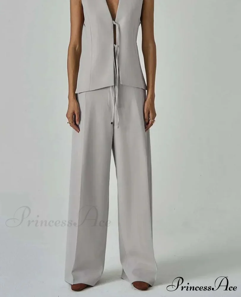 Neutral Button Blouse Lace-Up Trousers Workplace Two Piece Set - Image 2