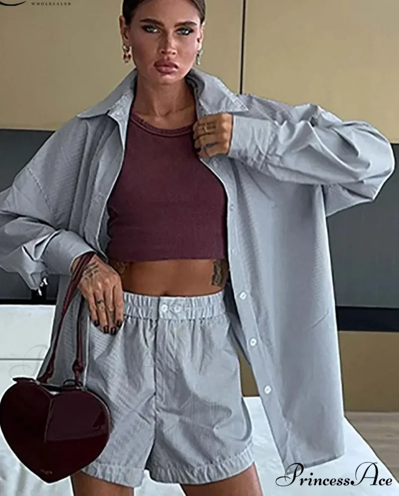 Neutral Patterned Buttoned Shorts Work Duo Set