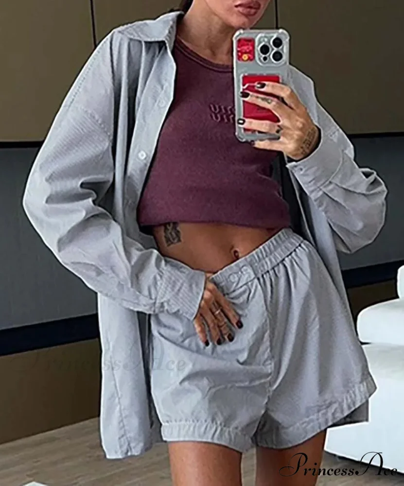 Neutral Patterned Buttoned Shorts Work Duo Set - Image 2
