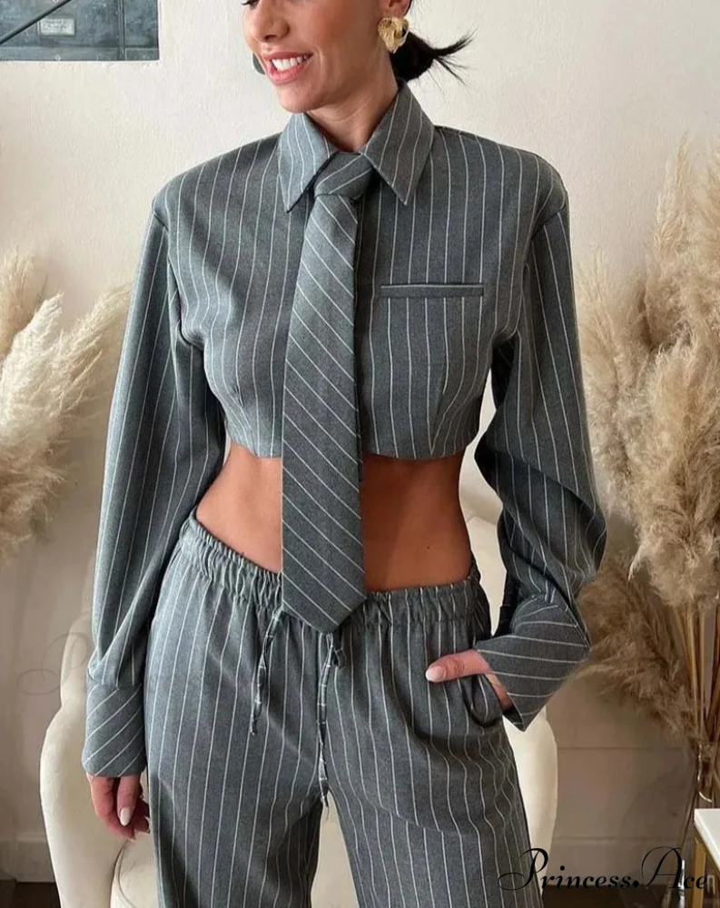 Neutral Patterned Shortened Drawstring Pants Work Duo Set - Image 2