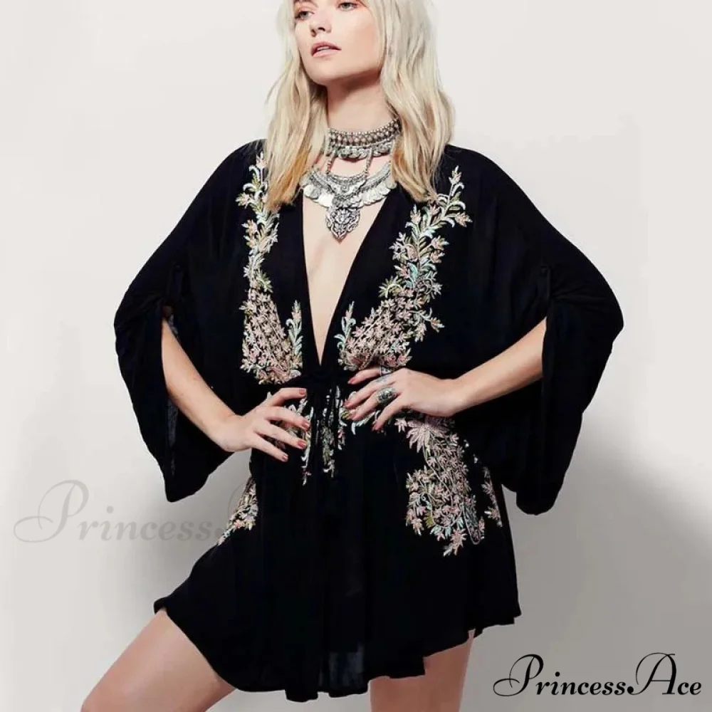New Flowery Stitching Boho Dress Seductive Seaside Dress Deep Plunging-neckline Mini Celebration - Image 3