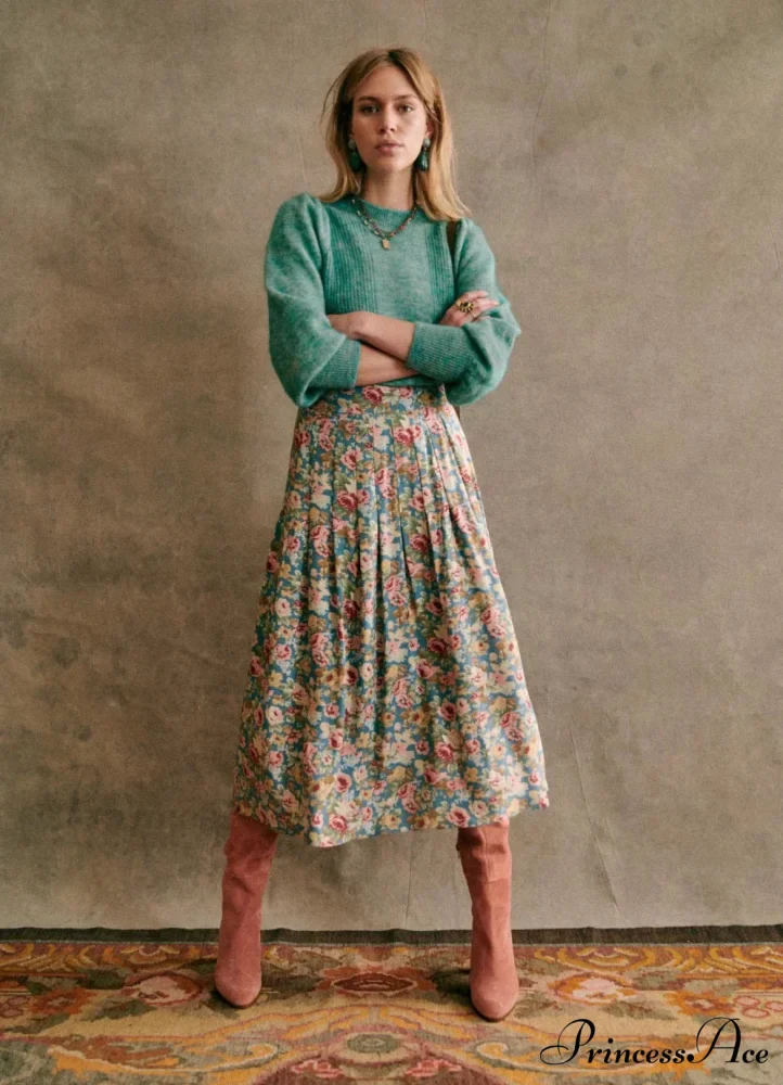 New Specialized Color Pleated Blue Floral High Waist Chiffon A-Line Midi Skirt - Image 3