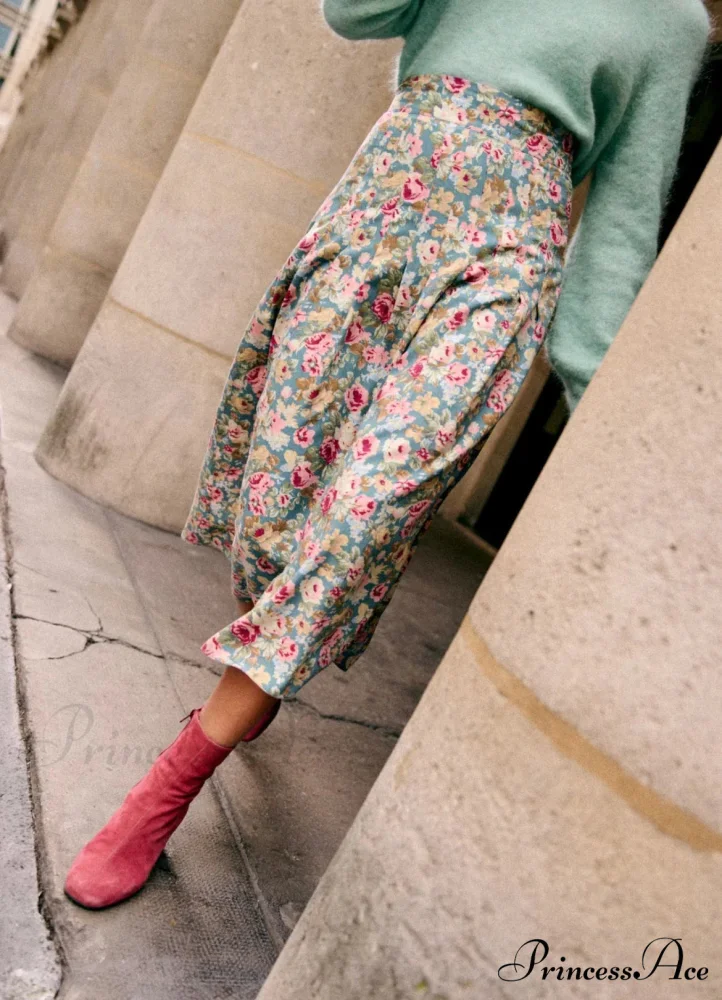 New Specialized Color Pleated Blue Floral High Waist Chiffon A-Line Midi Skirt - Image 4