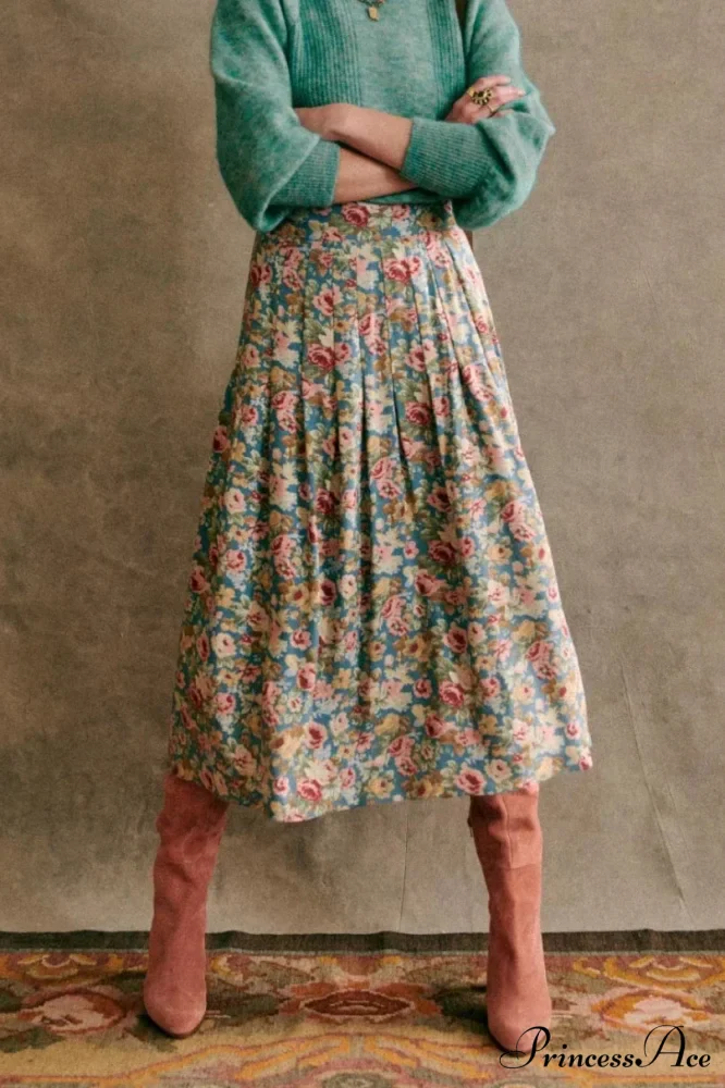 New Specialized Color Pleated Blue Floral High Waist Chiffon A-Line Midi Skirt - Image 5
