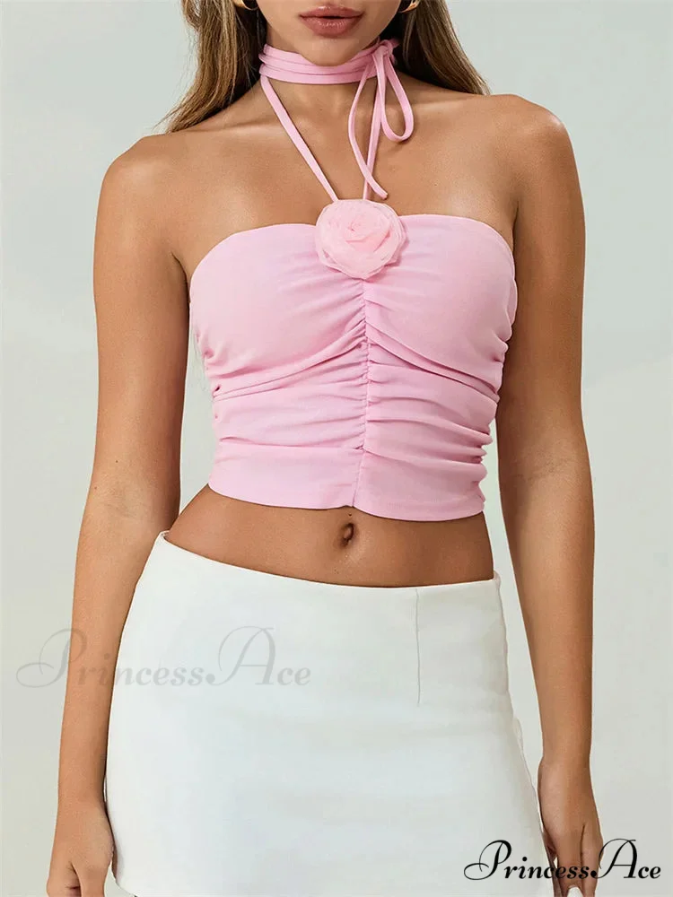 Off Shoulder 3D Bloom Gathered Tube Crop Top - Image 3