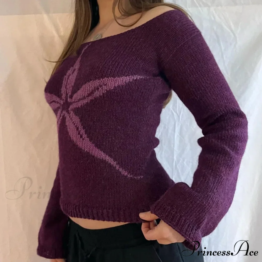 Off Shoulder Artistic Design Sweater Extended Sleeve Knit Top Women - Image 2
