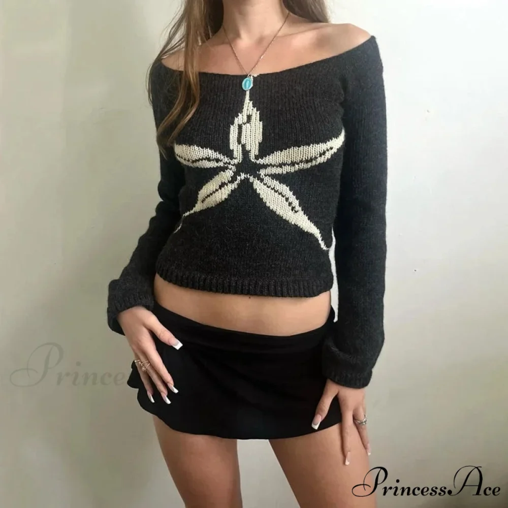 Off Shoulder Artistic Design Sweater Extended Sleeve Knit Top Women - Image 6