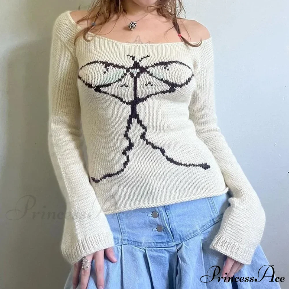 Off Shoulder Artistic Design Sweater Extended Sleeve Knit Top Women - Image 7