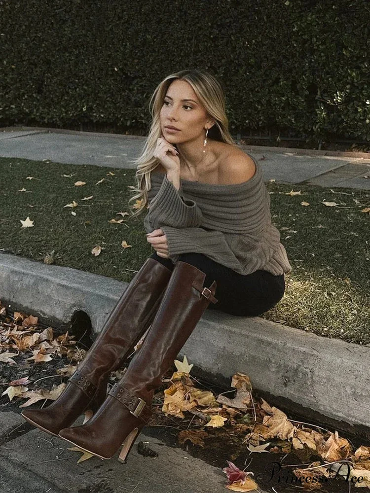 Off Shoulder Banded Long Sleeve Sweater - Image 4