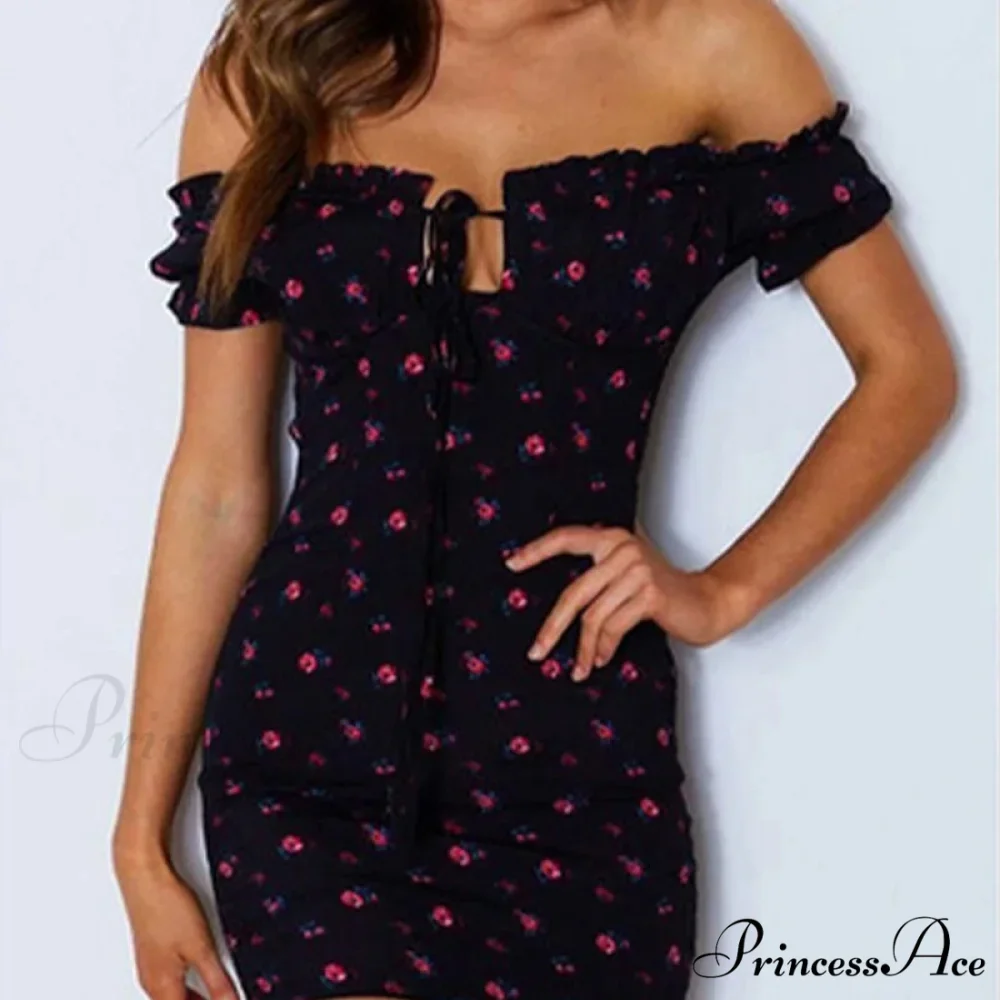 Off Shoulder Bind-Up Flower Pattern Frill Flower Dress - Image 2