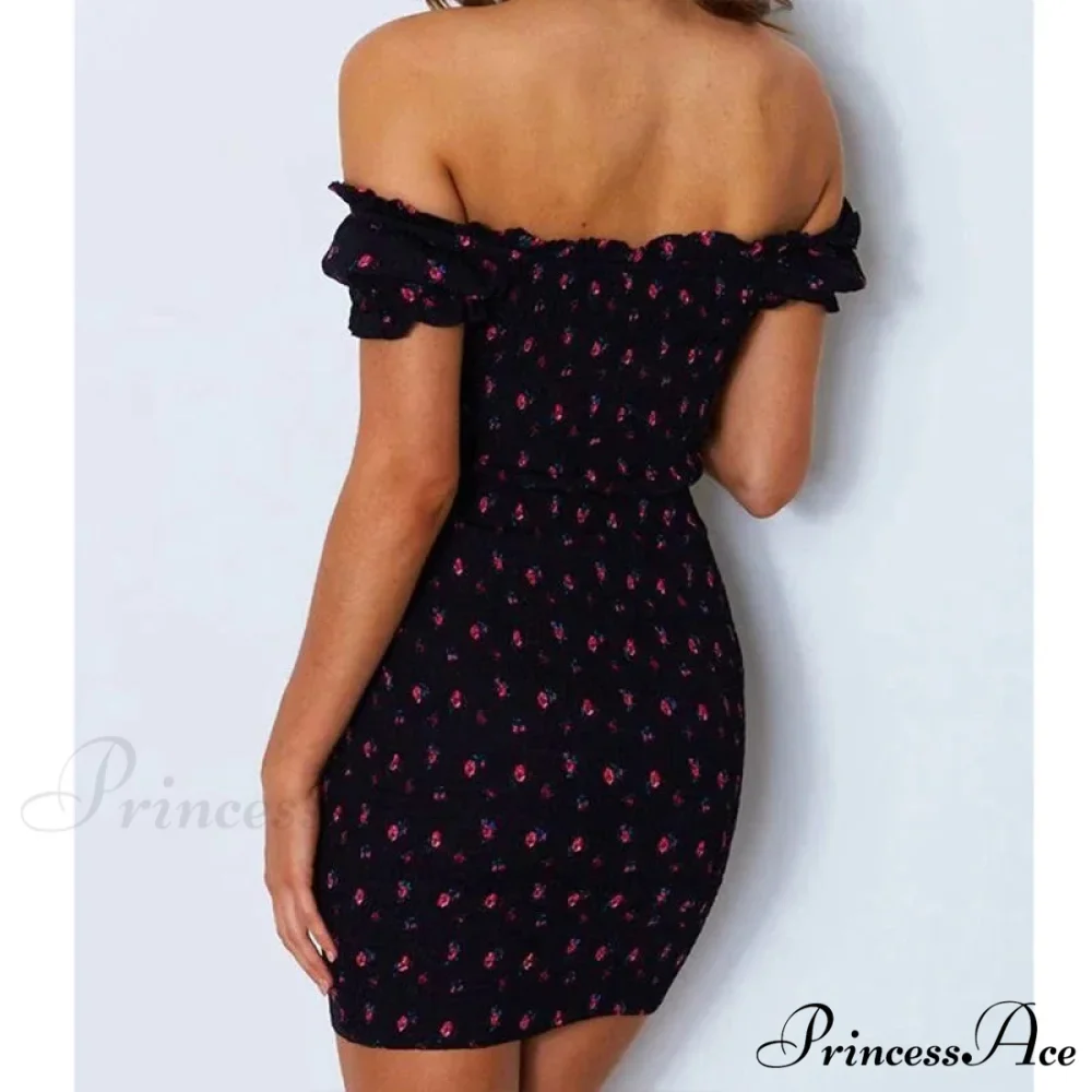 Off Shoulder Bind-Up Flower Pattern Frill Flower Dress - Image 3