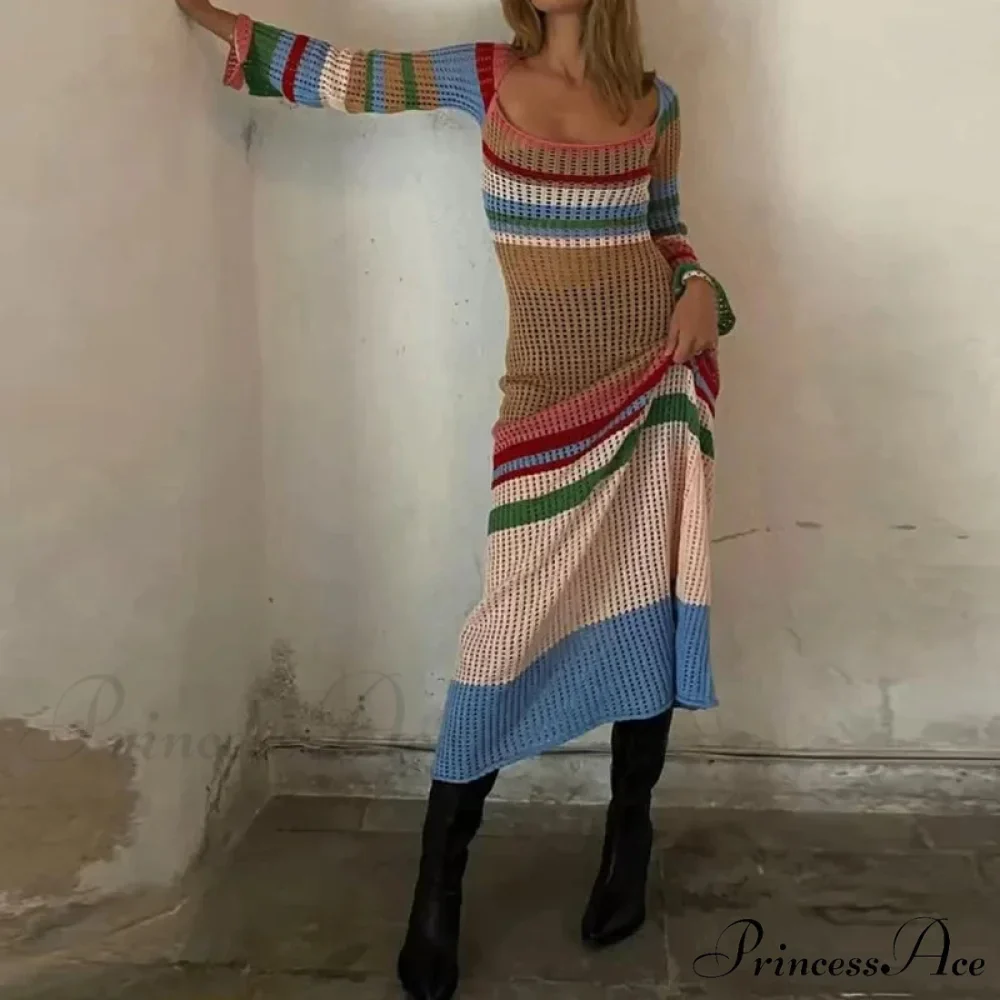 Off Shoulder Crochet Maxi Attire Vintage Patchwork Extended Sleeve Women - Image 3