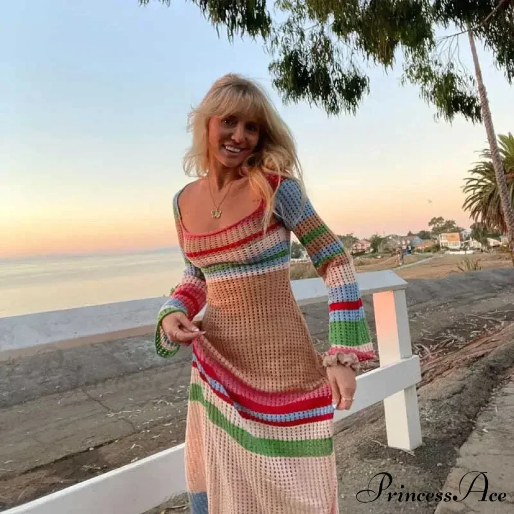 Off Shoulder Crochet Maxi Attire Vintage Patchwork Extended Sleeve Women - Image 6