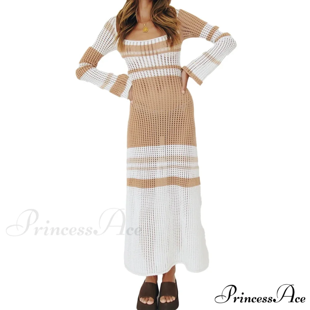 Off Shoulder Crochet Maxi Attire Vintage Patchwork Extended Sleeve Women - Image 7