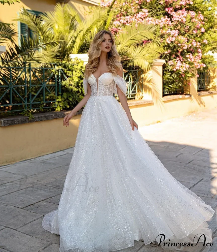 Off-Shoulder Deep V Glitter Wedding Gown - Image 3
