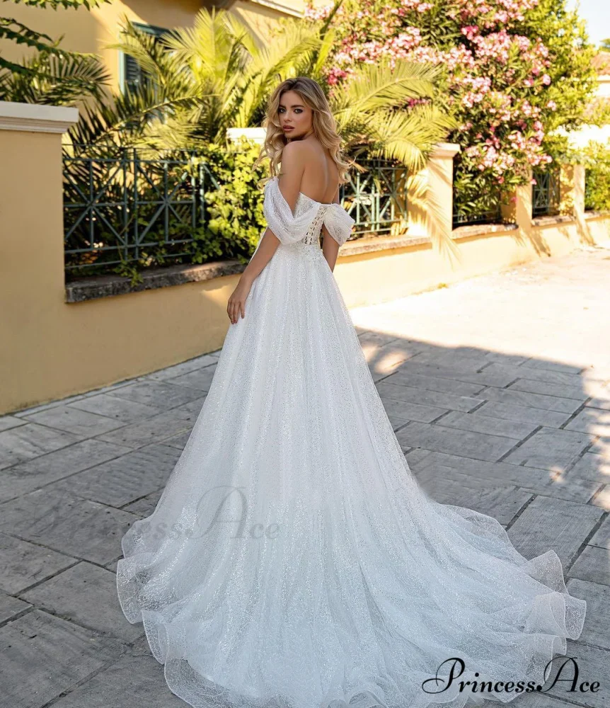 Off-Shoulder Deep V Glitter Wedding Gown - Image 4