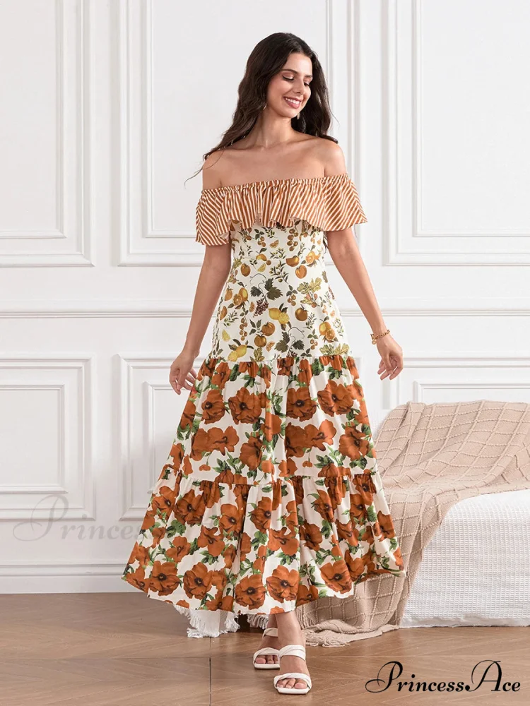 Off-Shoulder Frilled Gathered Retro Striped Fruit Flower Floral Dress - Image 2