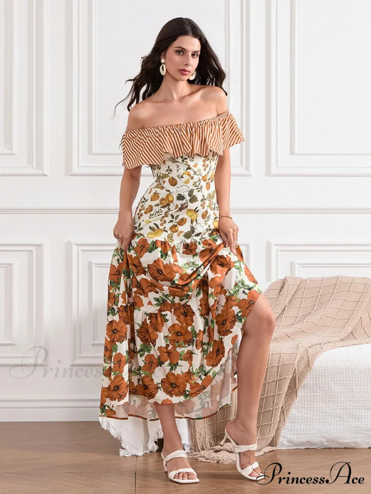 Off-Shoulder Frilled Gathered Retro Striped Fruit Flower Floral Dress - Image 3