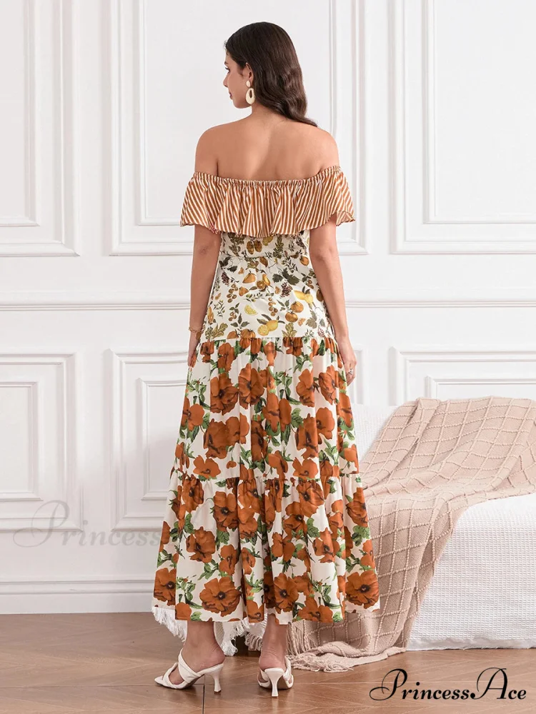 Off-Shoulder Frilled Gathered Retro Striped Fruit Flower Floral Dress - Image 4