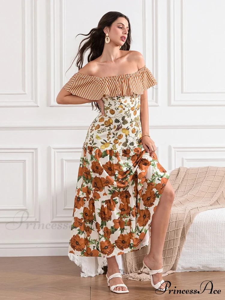 Off-Shoulder Frilled Gathered Retro Striped Fruit Flower Floral Dress - Image 5