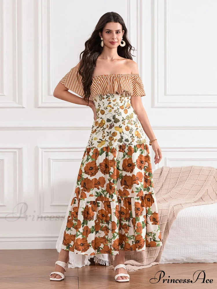 Off-Shoulder Frilled Gathered Retro Striped Fruit Flower Floral Dress - Image 7