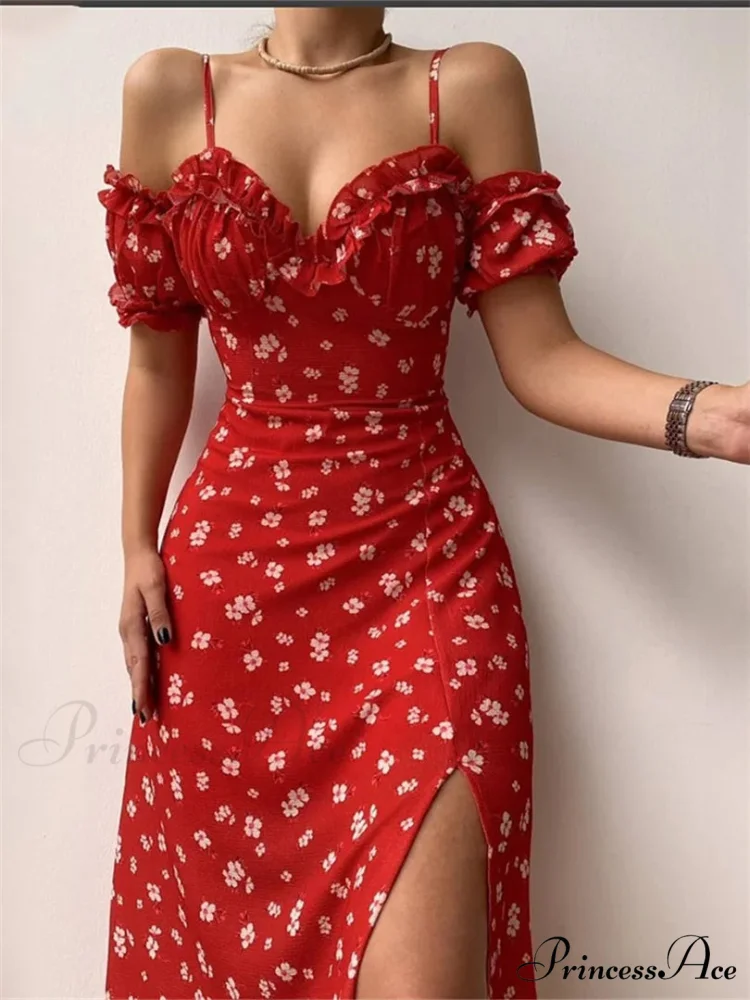 Off-Shoulder Frilly Suspender Short Sleeve Split Mid-Length A-Line Floral Dress
Modified Title: Off-The-Shoulder Ruffled Suspenders Short Sleeves Split Midi A-Line Floral Dress