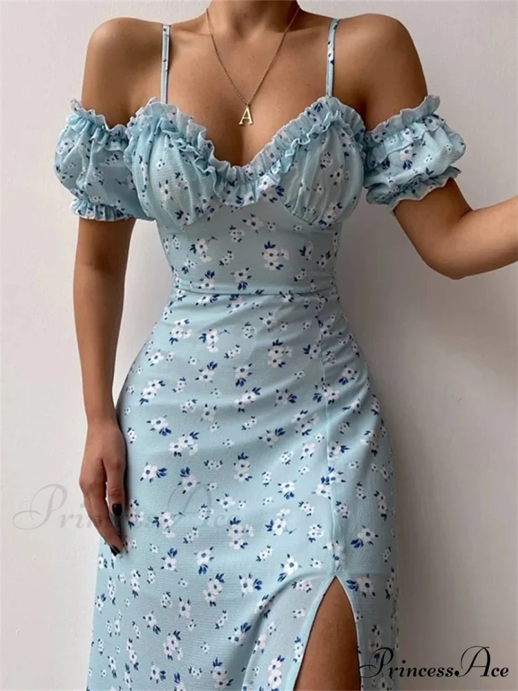Off-Shoulder Frilly Suspender Short Sleeve Split Mid-Length A-Line Floral Dress
Modified Title: Off-The-Shoulder Ruffled Suspenders Short Sleeves Split Midi A-Line Floral Dress - Image 2