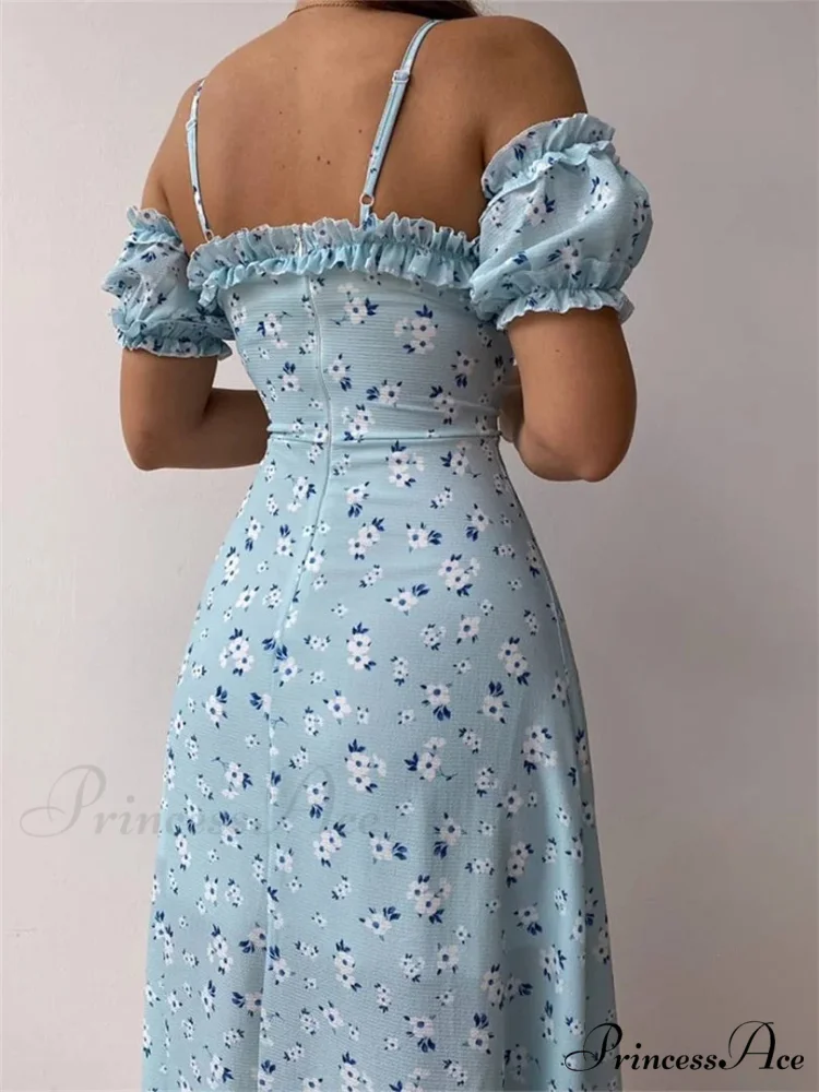 Off-Shoulder Frilly Suspender Short Sleeve Split Mid-Length A-Line Floral Dress
Modified Title: Off-The-Shoulder Ruffled Suspenders Short Sleeves Split Midi A-Line Floral Dress - Image 3