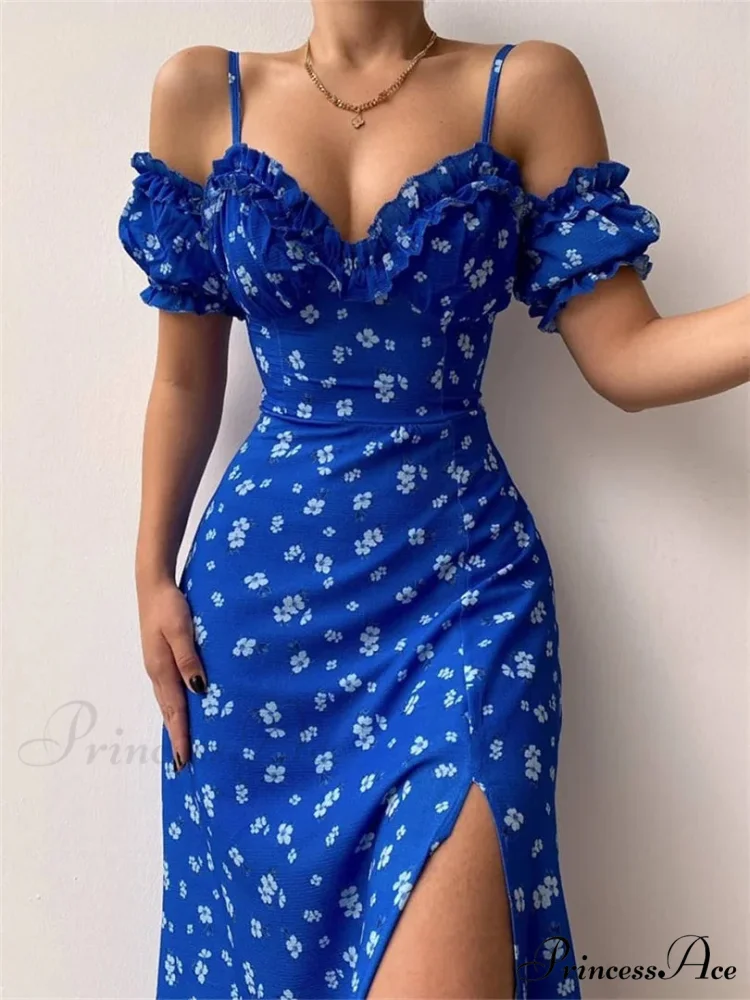 Off-Shoulder Frilly Suspender Short Sleeve Split Mid-Length A-Line Floral Dress
Modified Title: Off-The-Shoulder Ruffled Suspenders Short Sleeves Split Midi A-Line Floral Dress - Image 4