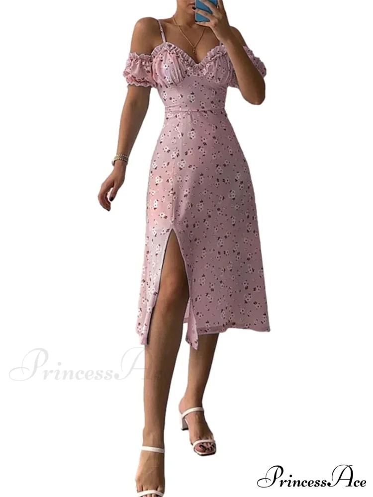 Off-Shoulder Frilly Suspender Short Sleeve Split Mid-Length A-Line Floral Dress
Modified Title: Off-The-Shoulder Ruffled Suspenders Short Sleeves Split Midi A-Line Floral Dress - Image 5