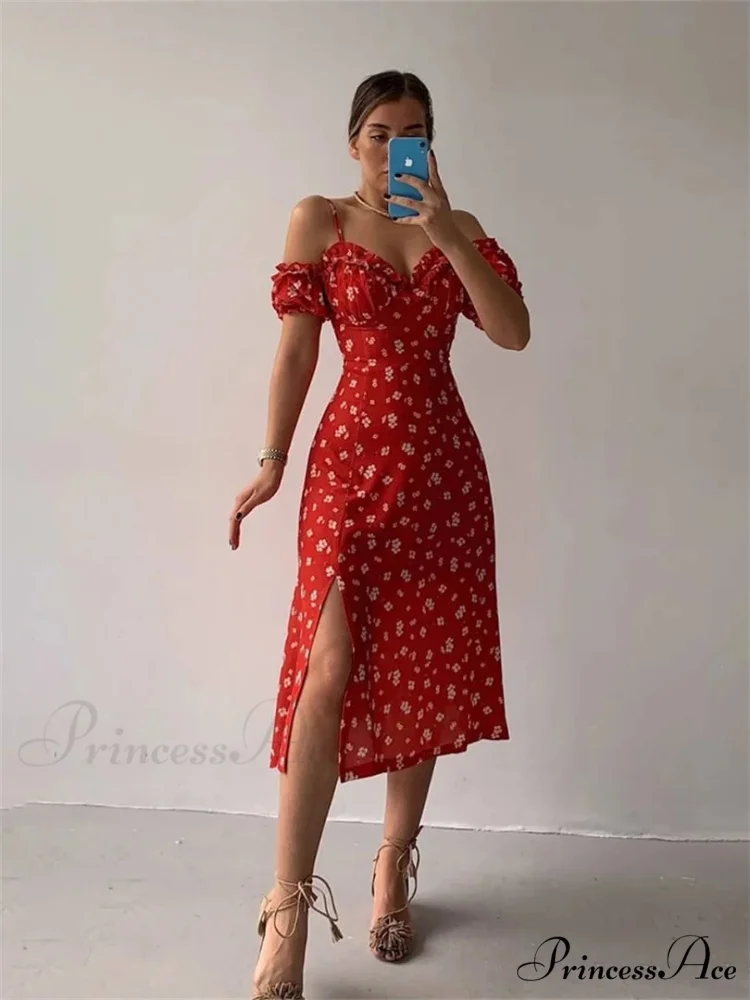 Off-Shoulder Frilly Suspender Short Sleeve Split Mid-Length A-Line Floral Dress
Modified Title: Off-The-Shoulder Ruffled Suspenders Short Sleeves Split Midi A-Line Floral Dress - Image 6