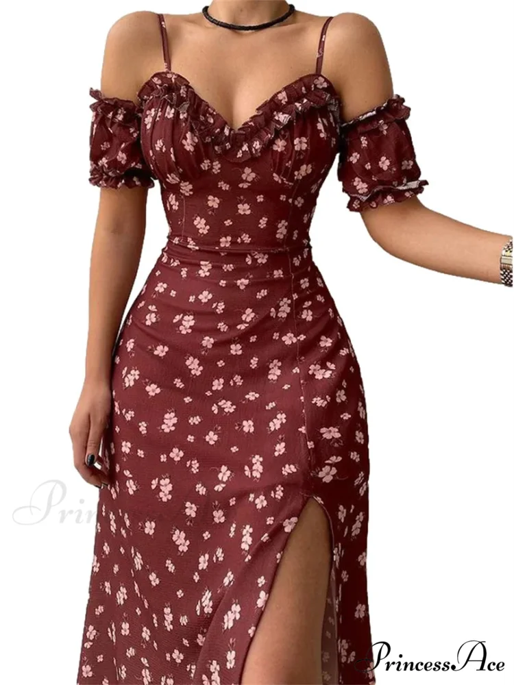Off-Shoulder Frilly Suspender Short Sleeve Split Mid-Length A-Line Floral Dress
Modified Title: Off-The-Shoulder Ruffled Suspenders Short Sleeves Split Midi A-Line Floral Dress - Image 7