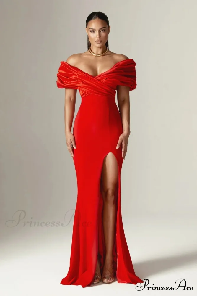 Off-Shoulder Gathered Slit Prom Gown - Image 5