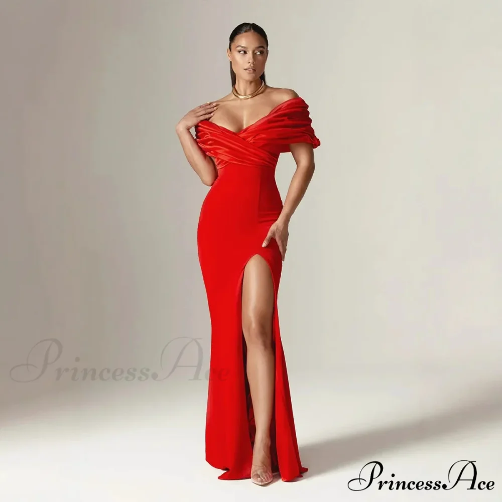 Off Shoulder Gathered Slit Silk Maxi Prom Gown - Image 2