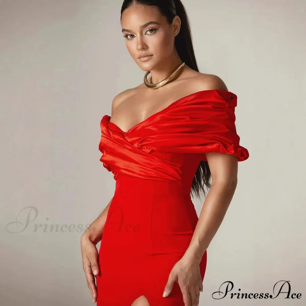 Off Shoulder Gathered Slit Silk Maxi Prom Gown - Image 4