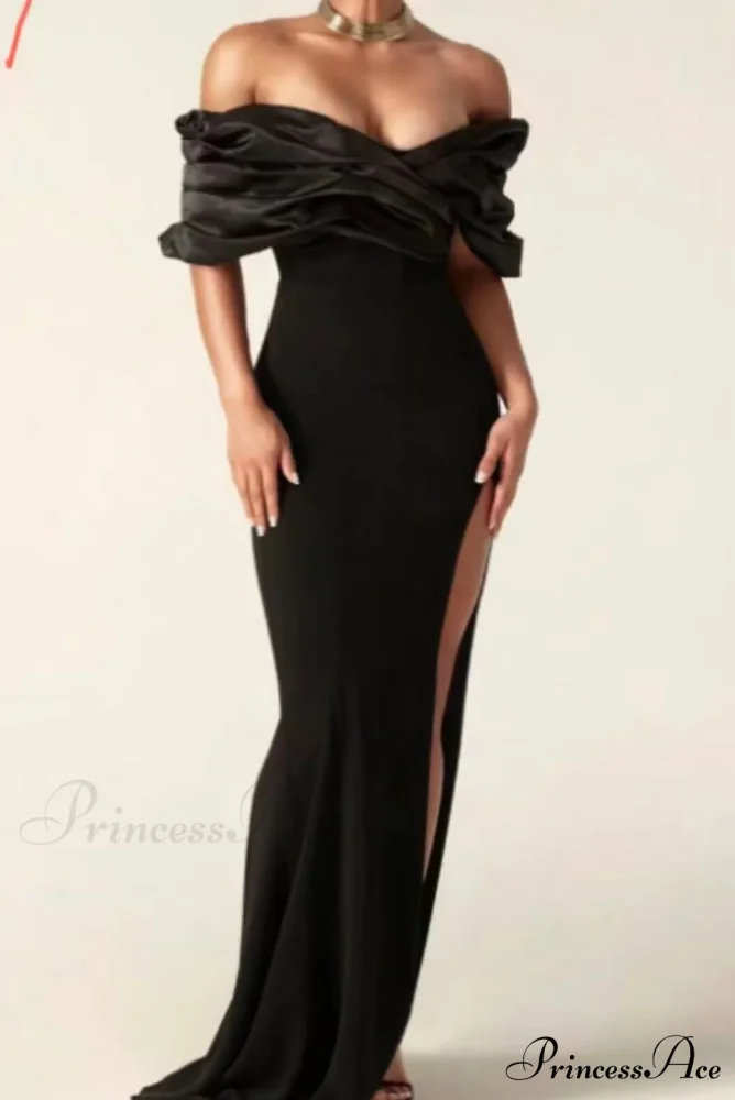 Off Shoulder Gathered Slit Silk Maxi Prom Gown - Image 5
