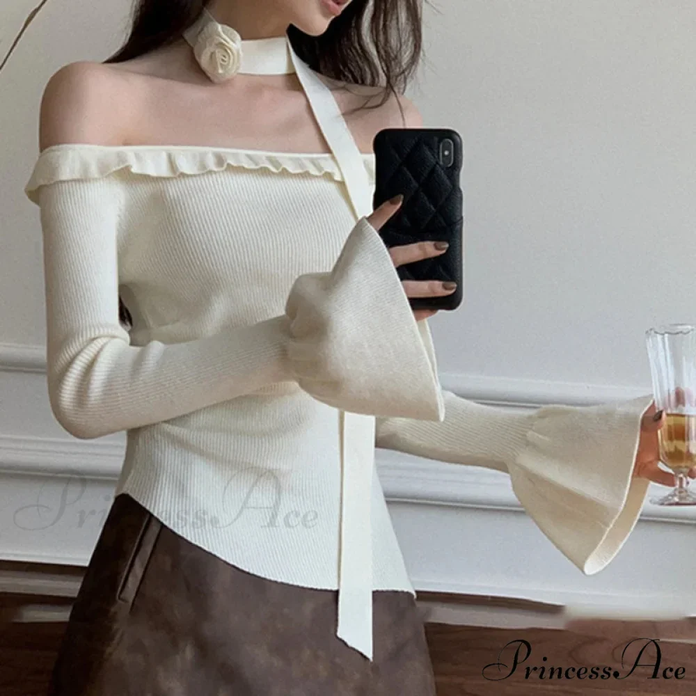 Off Shoulder Knit Crop Long Flare Sleeve Frill Trim Knit Top - Image 2