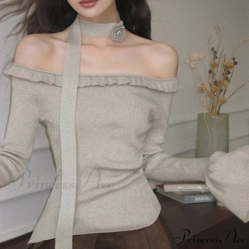 Off Shoulder Knit Crop Long Flare Sleeve Frill Trim Knit Top - Image 3