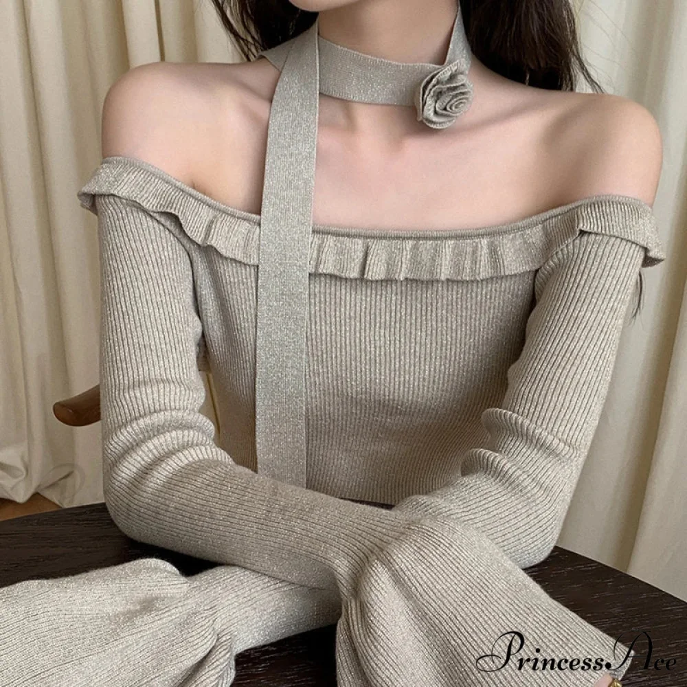 Off Shoulder Knit Crop Long Flare Sleeve Frill Trim Knit Top - Image 4