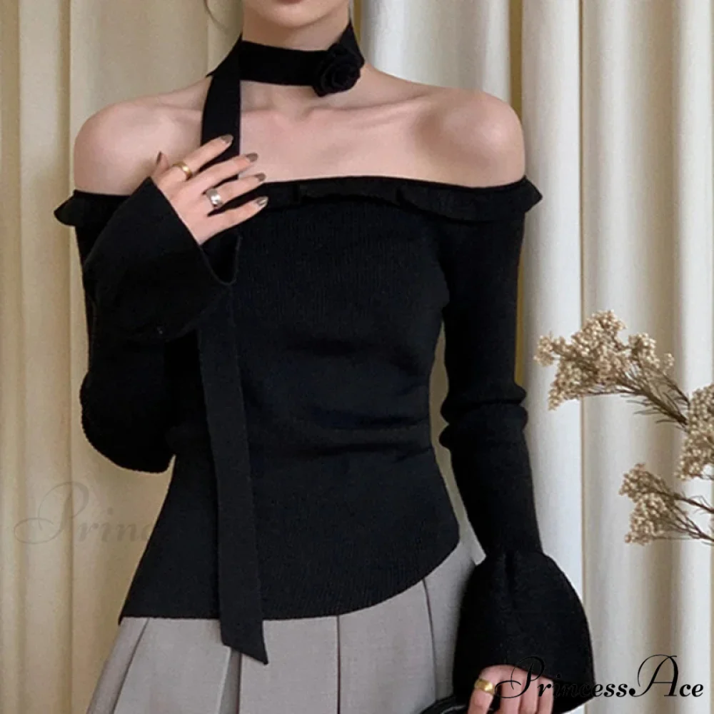 Off Shoulder Knit Crop Long Flare Sleeve Frill Trim Knit Top - Image 5