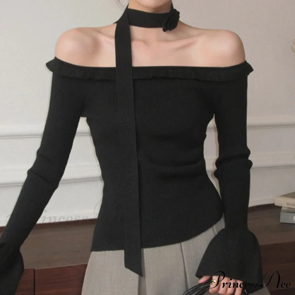 Off Shoulder Knit Crop Long Flare Sleeve Frill Trim Knit Top - Image 6