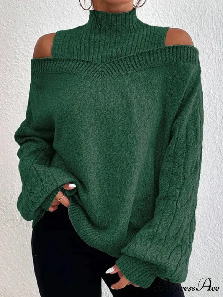 Off Shoulder Partially High Neck Knit Sweater - Image 10