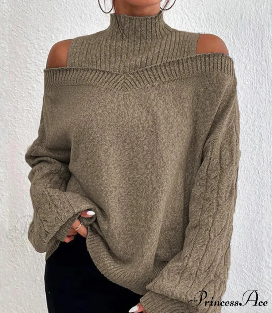 Off Shoulder Partially High Neck Knit Sweater - Image 11