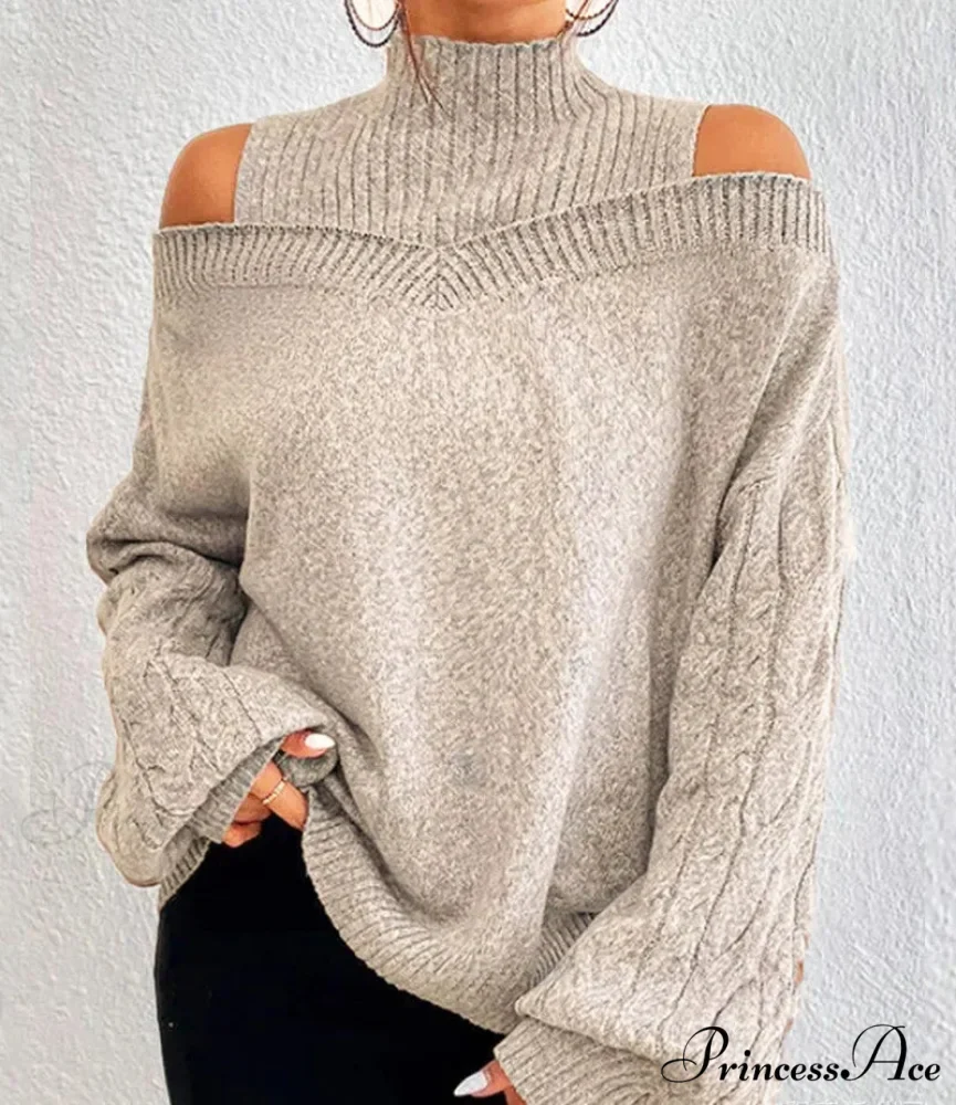 Off Shoulder Partially High Neck Knit Sweater - Image 12