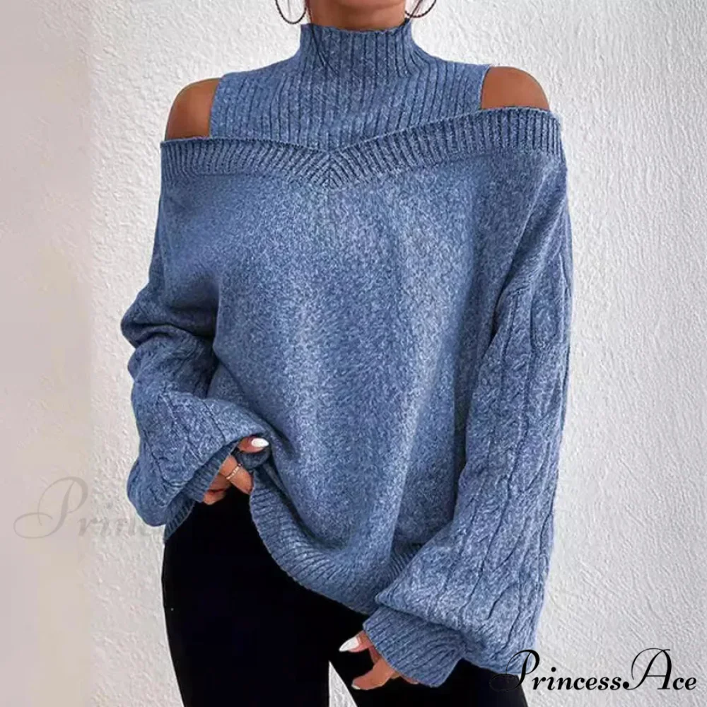 Off Shoulder Partially High Neck Knit Sweater - Image 2