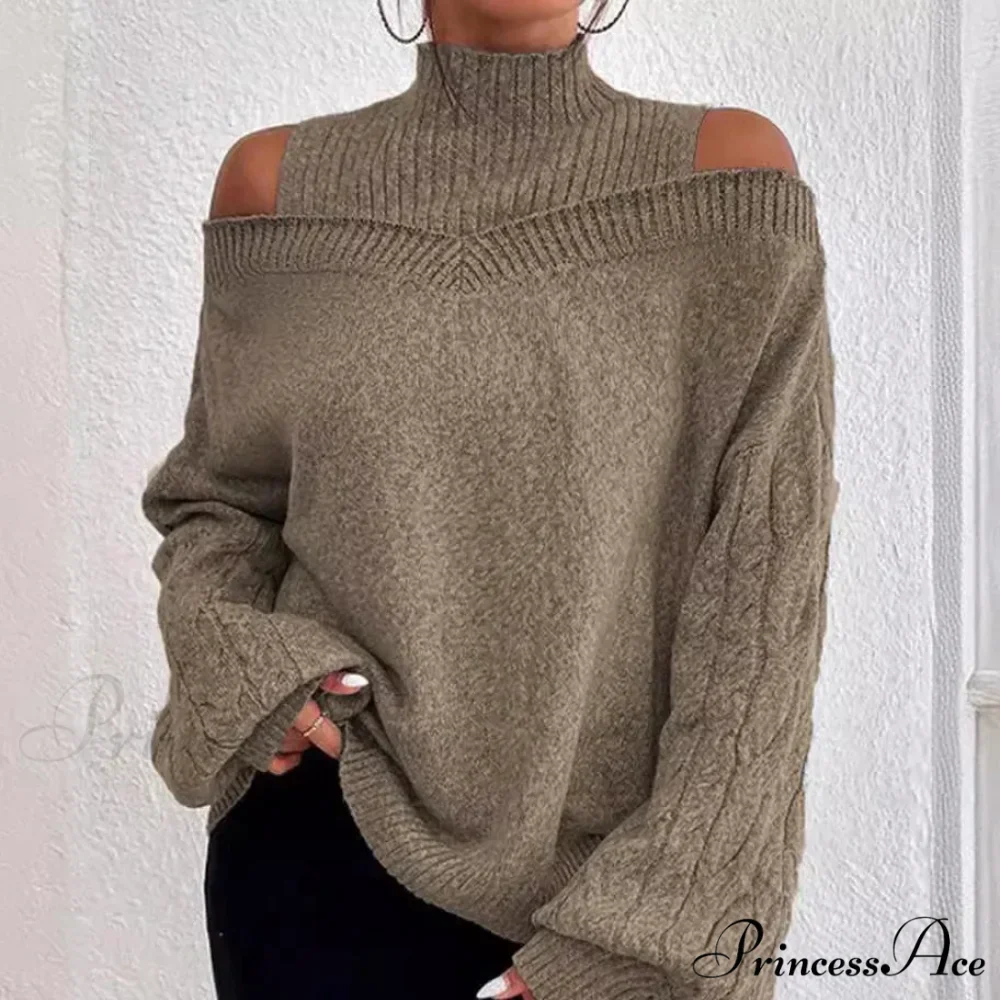 Off Shoulder Partially High Neck Knit Sweater - Image 3