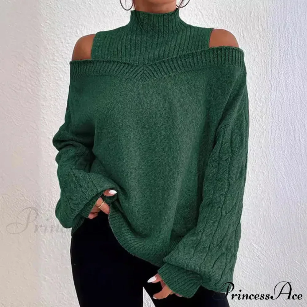 Off Shoulder Partially High Neck Knit Sweater - Image 4